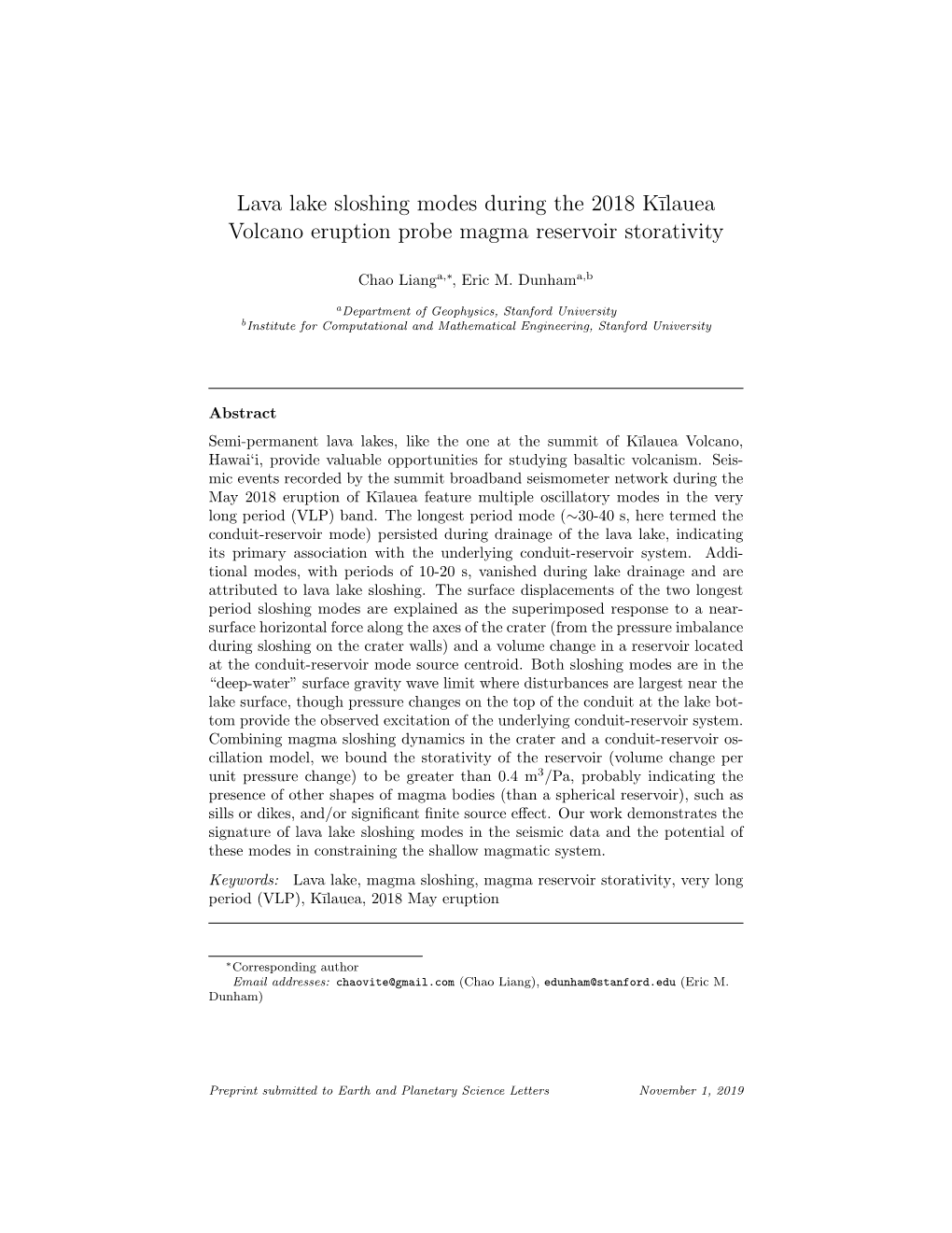 Lava Lake Sloshing Modes During the 2018 K¯Ilauea Volcano Eruption Probe Magma Reservoir Storativity