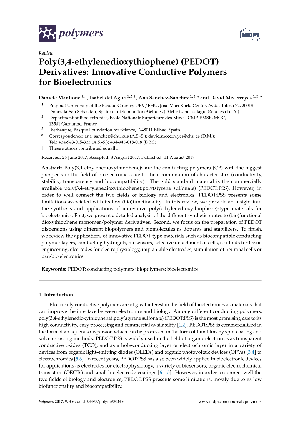 PEDOT) Derivatives: Innovative Conductive Polymers for Bioelectronics