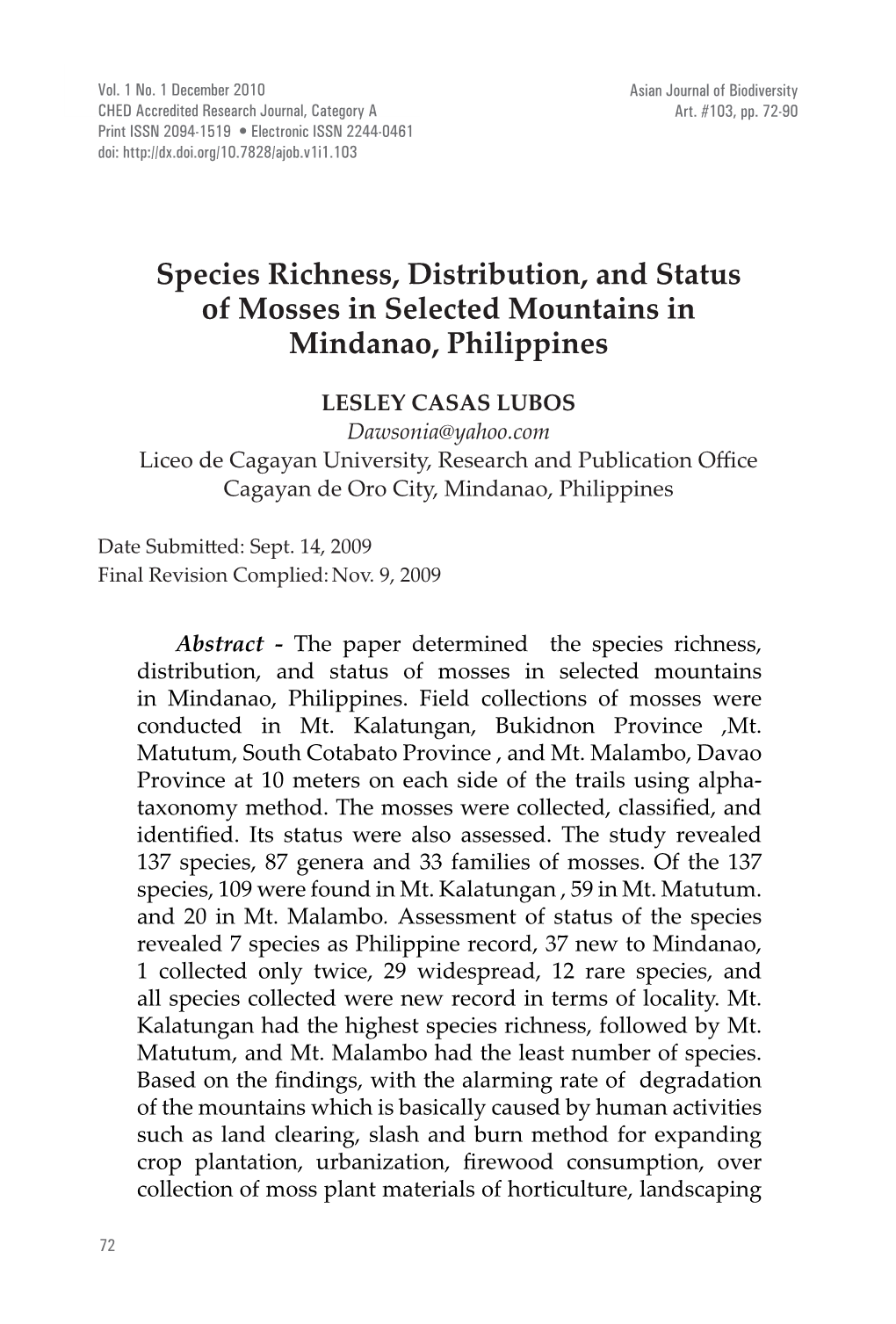 Species Richness, Distribution, and Status of Mosses in Selected Mountains in Mindanao, Philippines