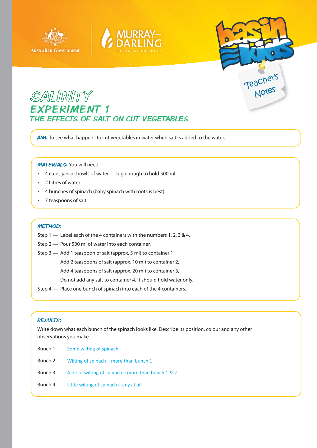 Salinity Experiment Teacher Notes