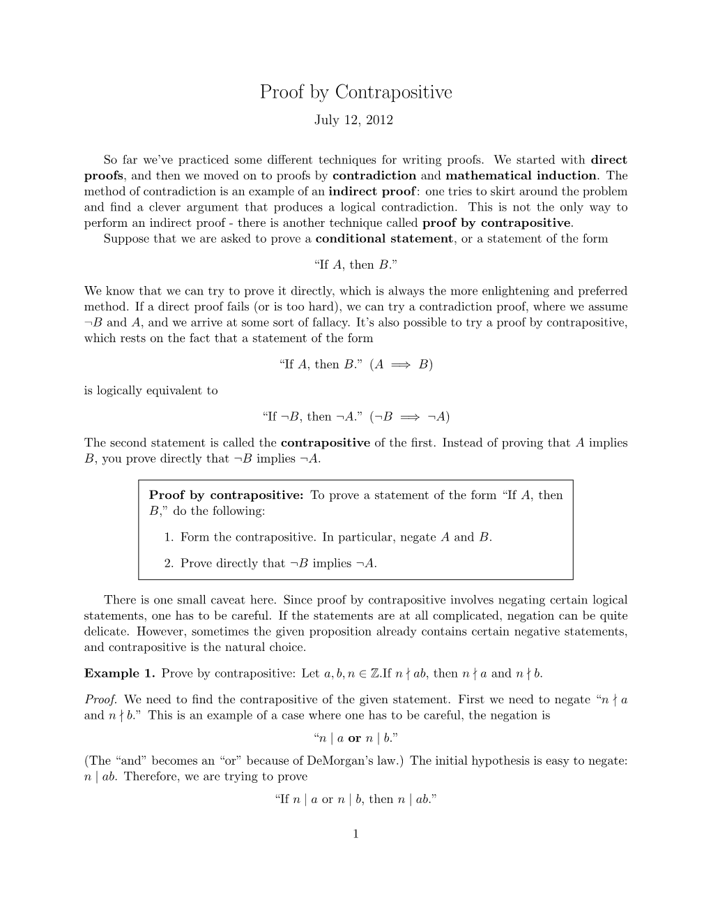 Proof by Contrapositive July 12, 2012