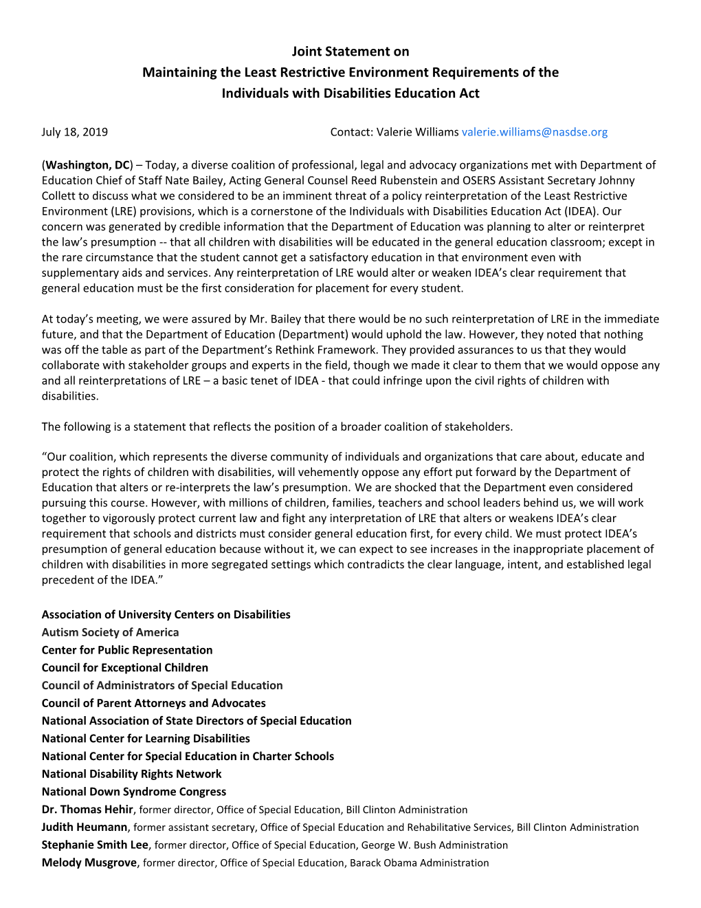 Joint Statement on Maintaining the Least Restrictive Environment Requirements of the Individuals with Disabilities Education Act