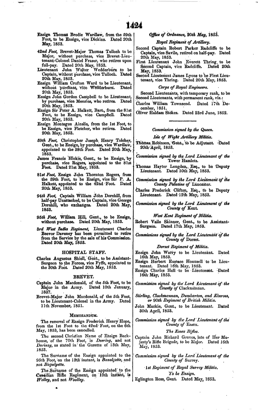 MEMORANDUM. the Removal of Ensign Frederick Henry Hope, Commission Signed by the Lord Lieutenant-Of the from the 1St Foot to the 42Nd'foot, on the 6Th County of Essex