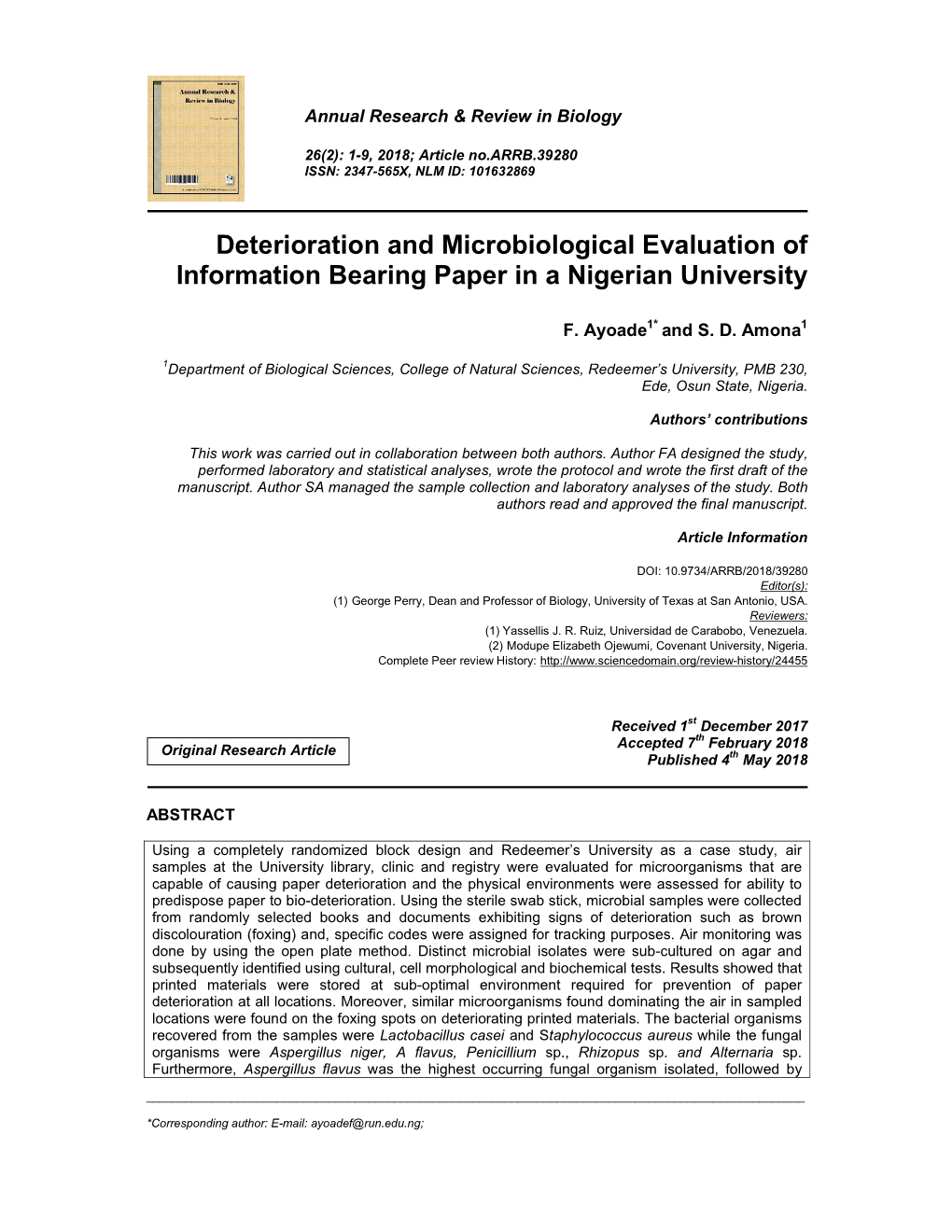 Deterioration and Microbiological Evaluation of Information Bearing Paper in a Nigerian University