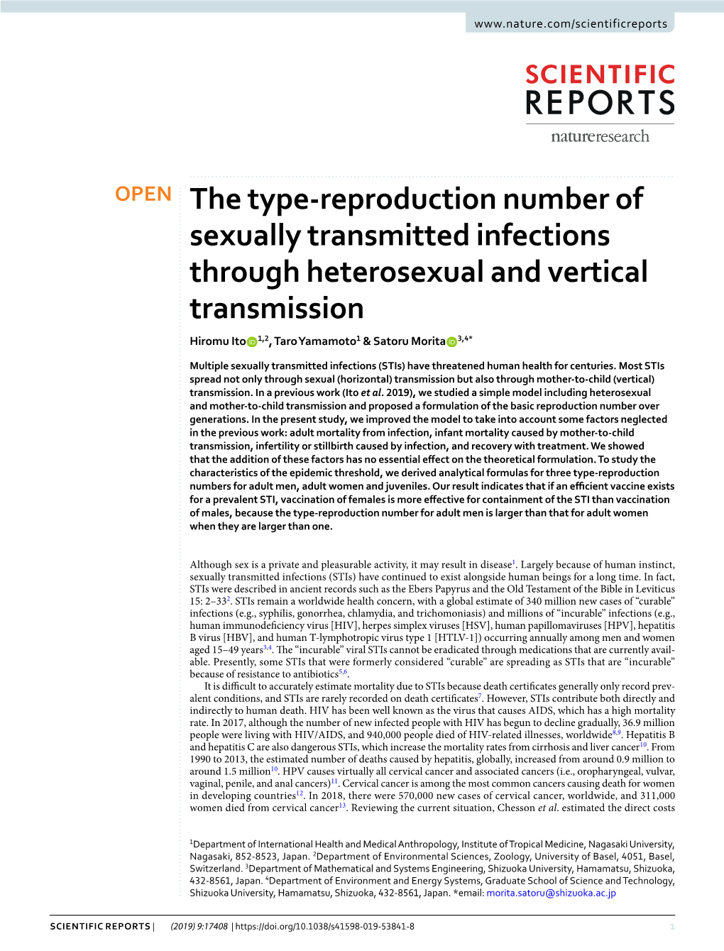 The Type-Reproduction Number of Sexually Transmitted Infections Through Heterosexual and Vertical Transmission Hiromu Ito 1,2, Taro Yamamoto1 & Satoru Morita 3,4*