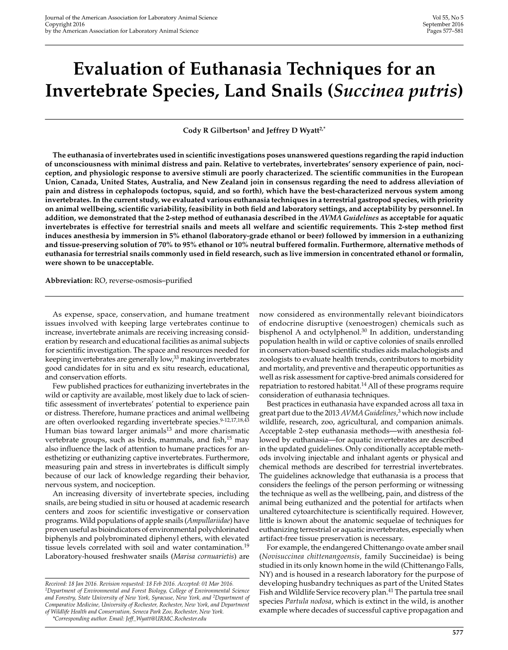 Evaluation of Euthanasia Techniques for an Invertebrate Species, Land Snails (Succinea Putris)