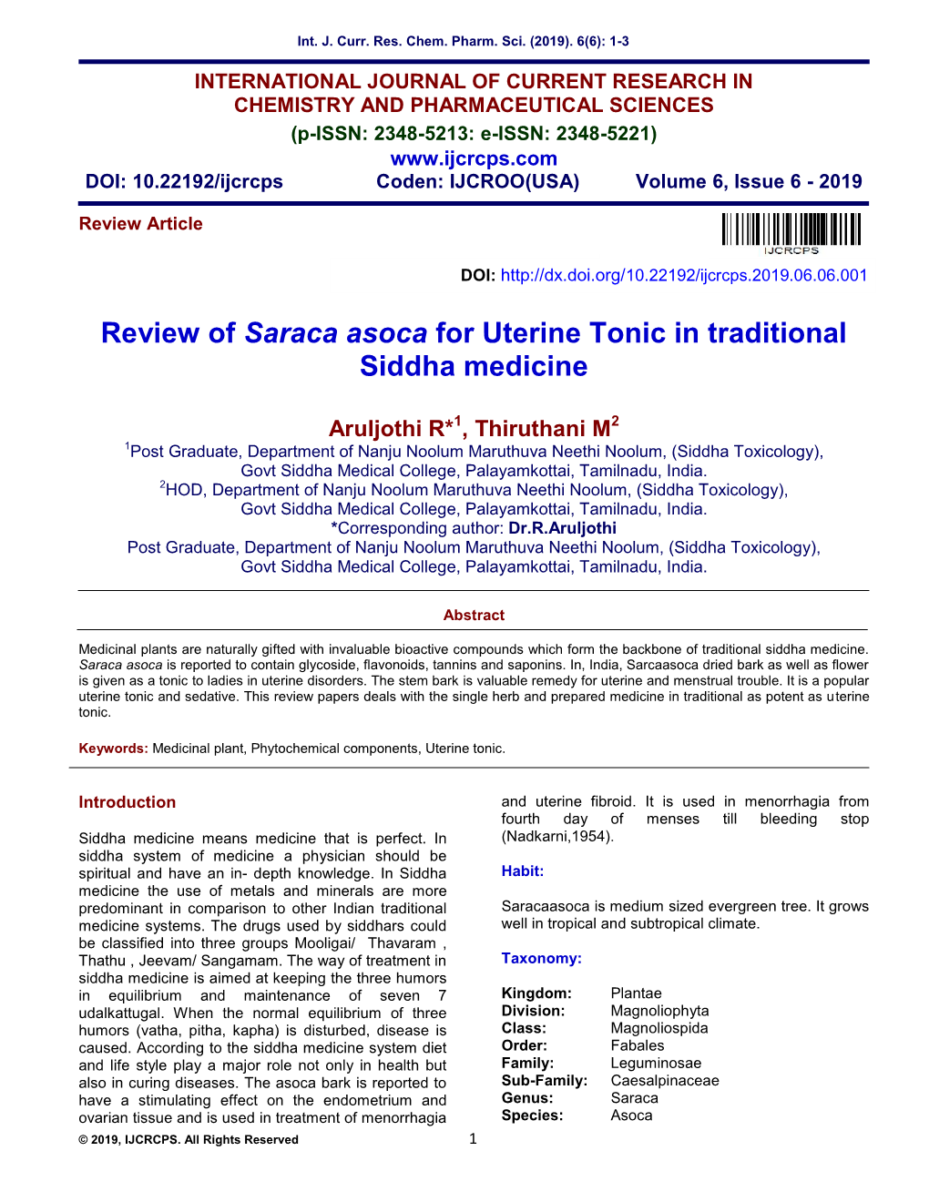 Review of Saraca Asoca for Uterine Tonic in Traditional Siddha Medicine