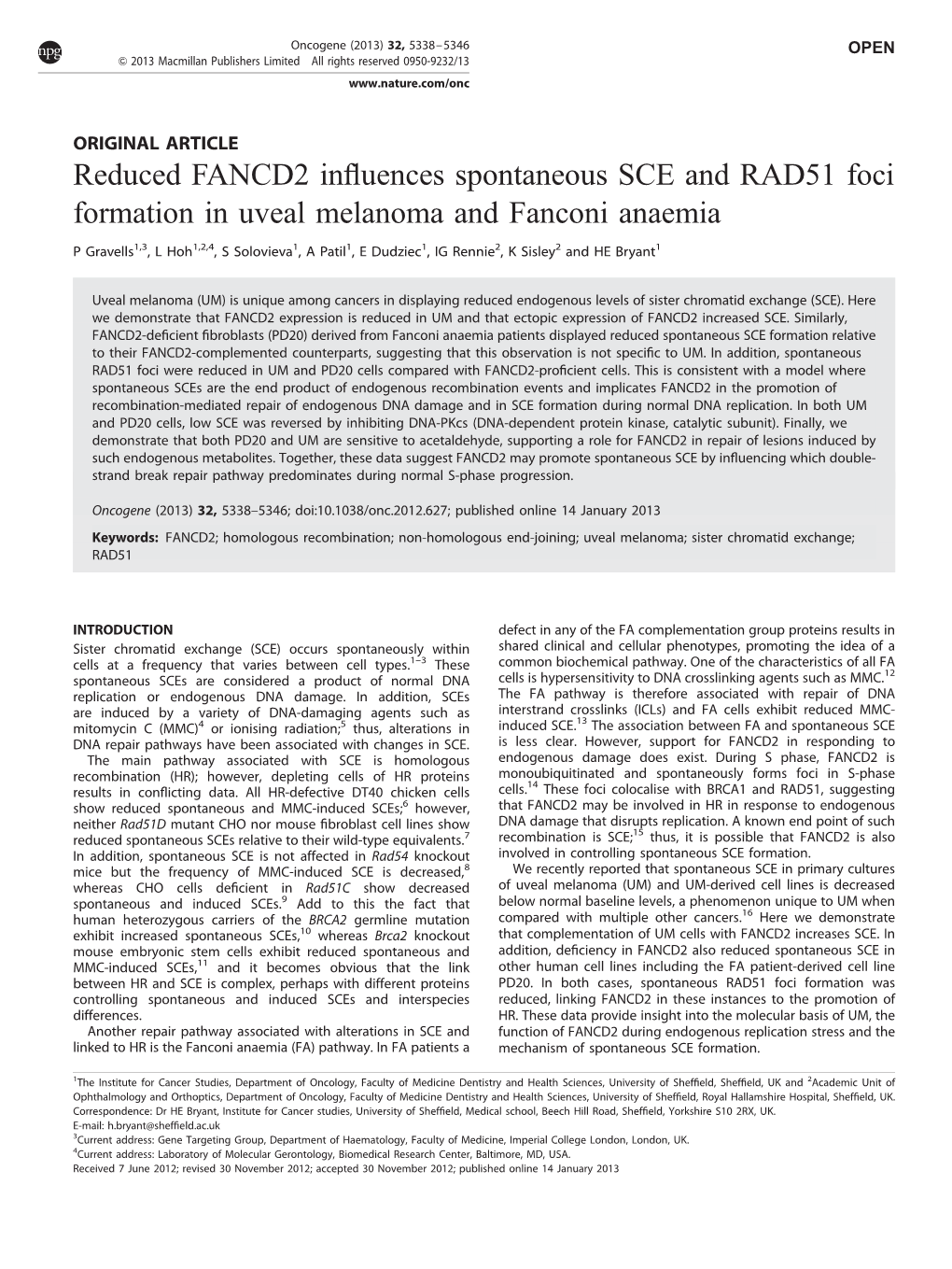 Reduced FANCD2 Influences Spontaneous SCE and RAD51 Foci