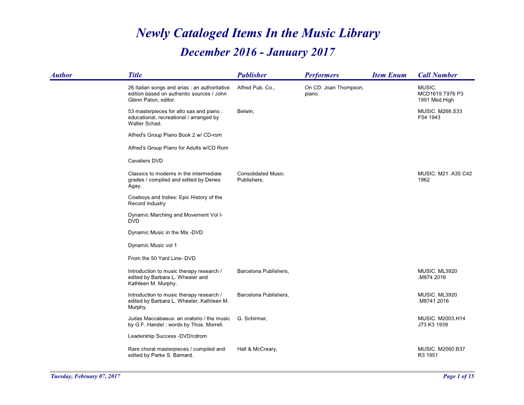 Newly Cataloged Items in the Music Library December 2016 - January 2017