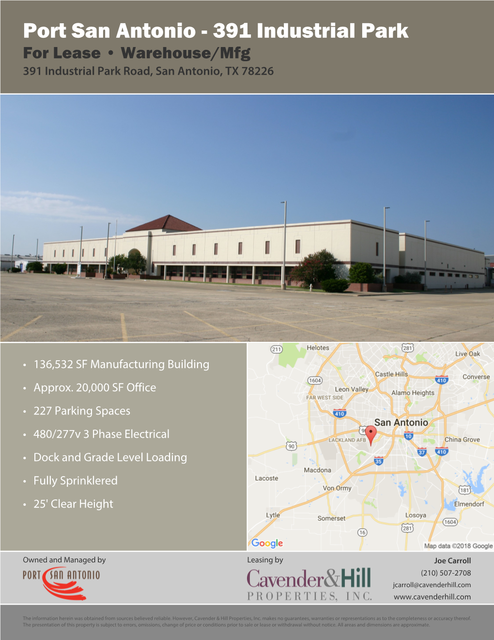 391 Industrial Park for Lease • Warehouse/Mfg 391 Industrial Park Road, San Antonio, TX 78226