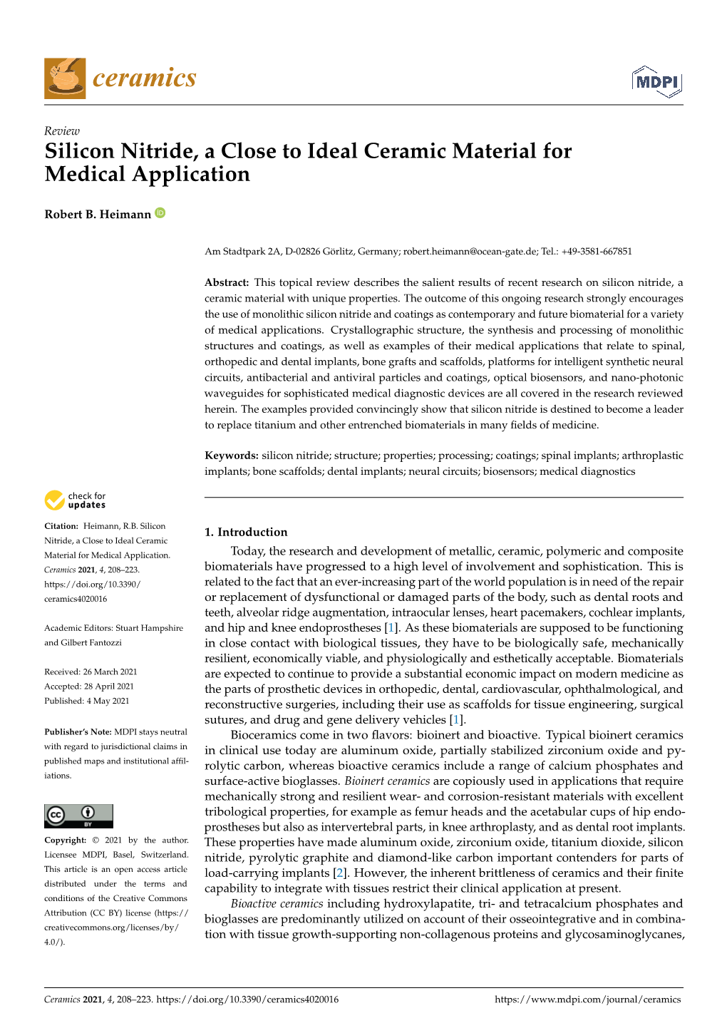 Silicon Nitride, a Close to Ideal Ceramic Material for Medical Application