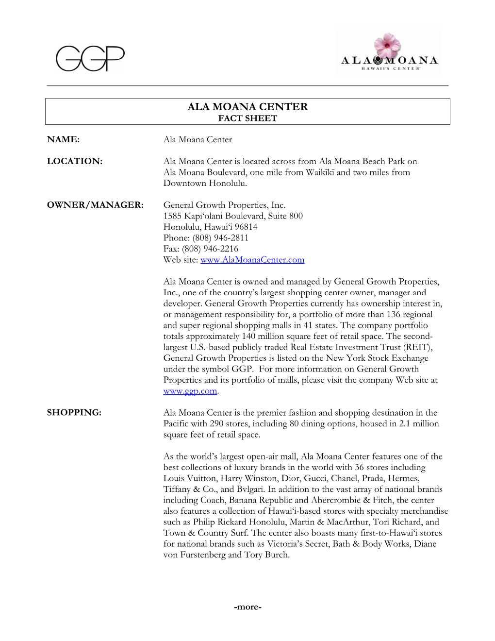 Ala Moana Center Fact Sheet