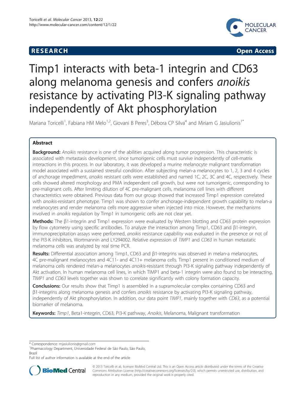 Timp1 Interacts with Beta-1 Integrin and CD63 Along Melanoma