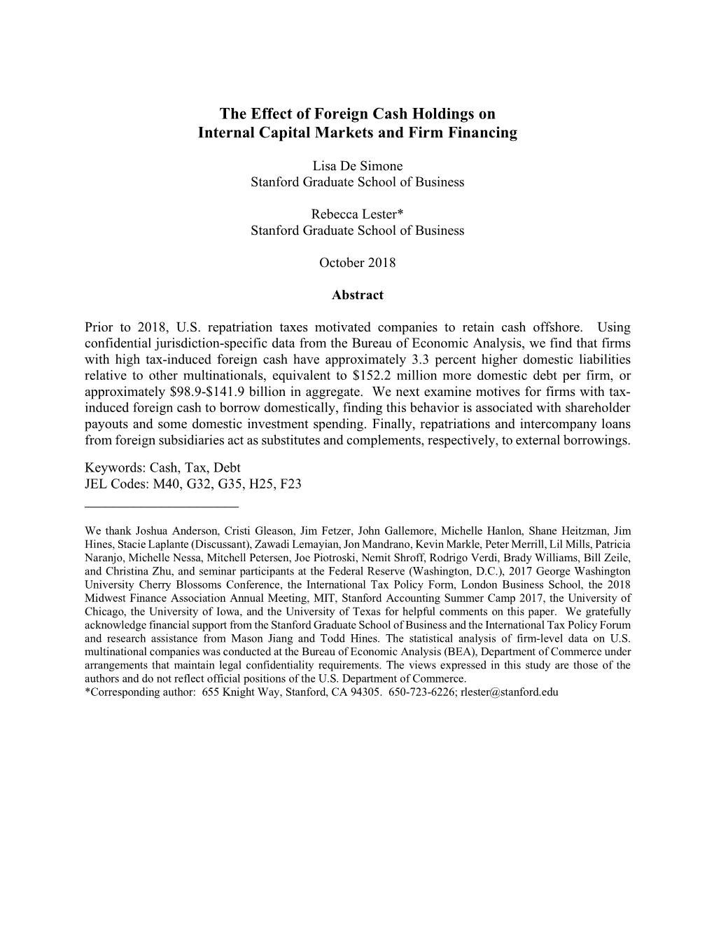 The Effect of Foreign Cash Holdings on Internal Capital Markets and Firm Financing