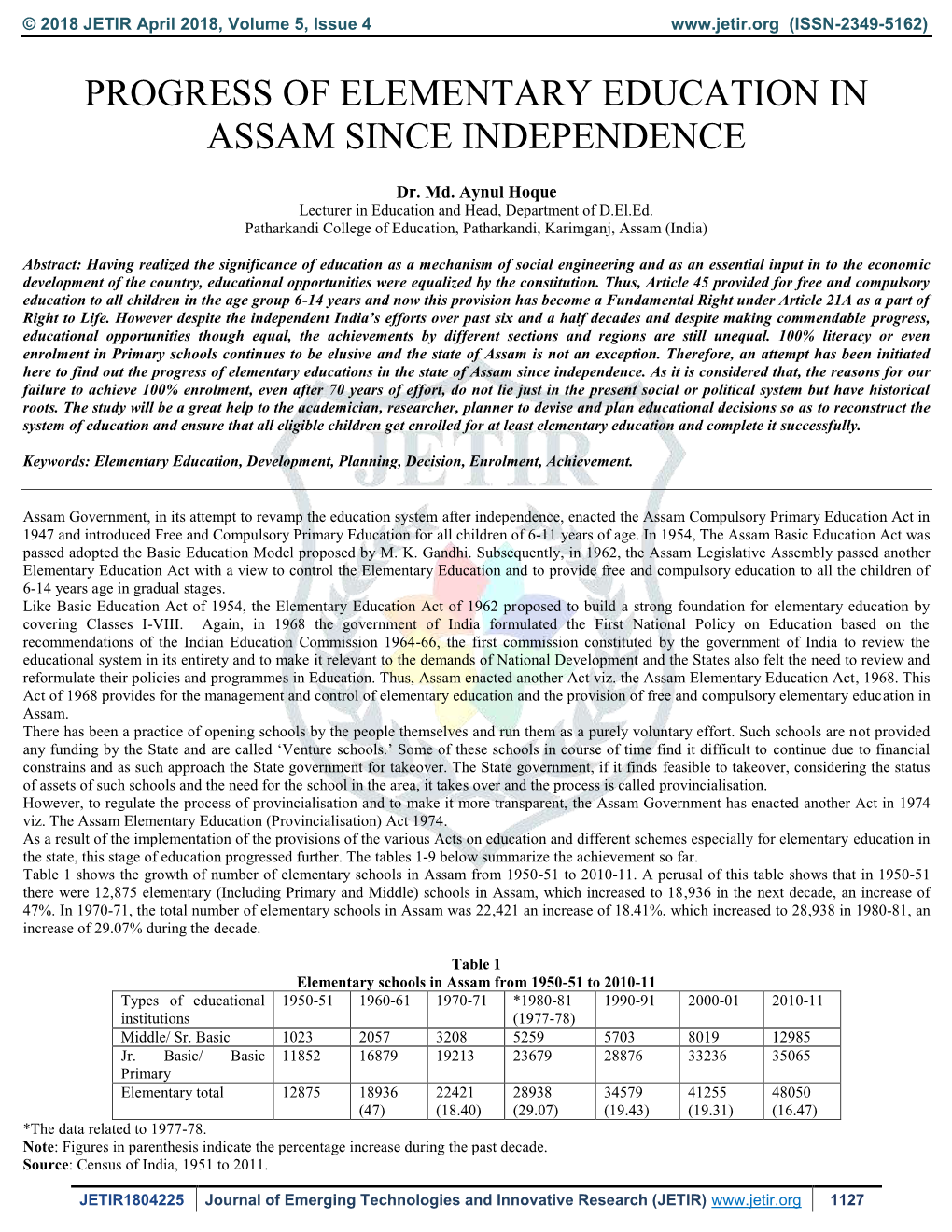Progress of Elementary Education in Assam Since Independence