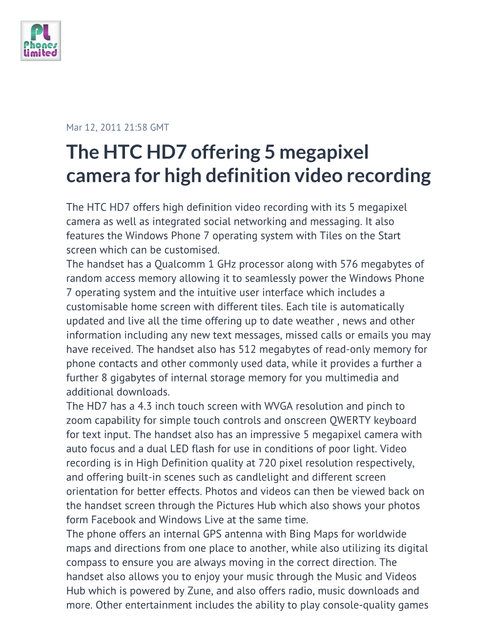 The HTC HD7 Offering 5 Megapixel Camera for High Definition Video Recording