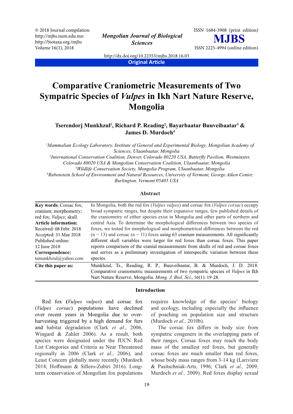 Comparative Craniometric Measurements of Two Sympatric Species of Vulpes in Ikh Nart Nature Reserve, Mongolia