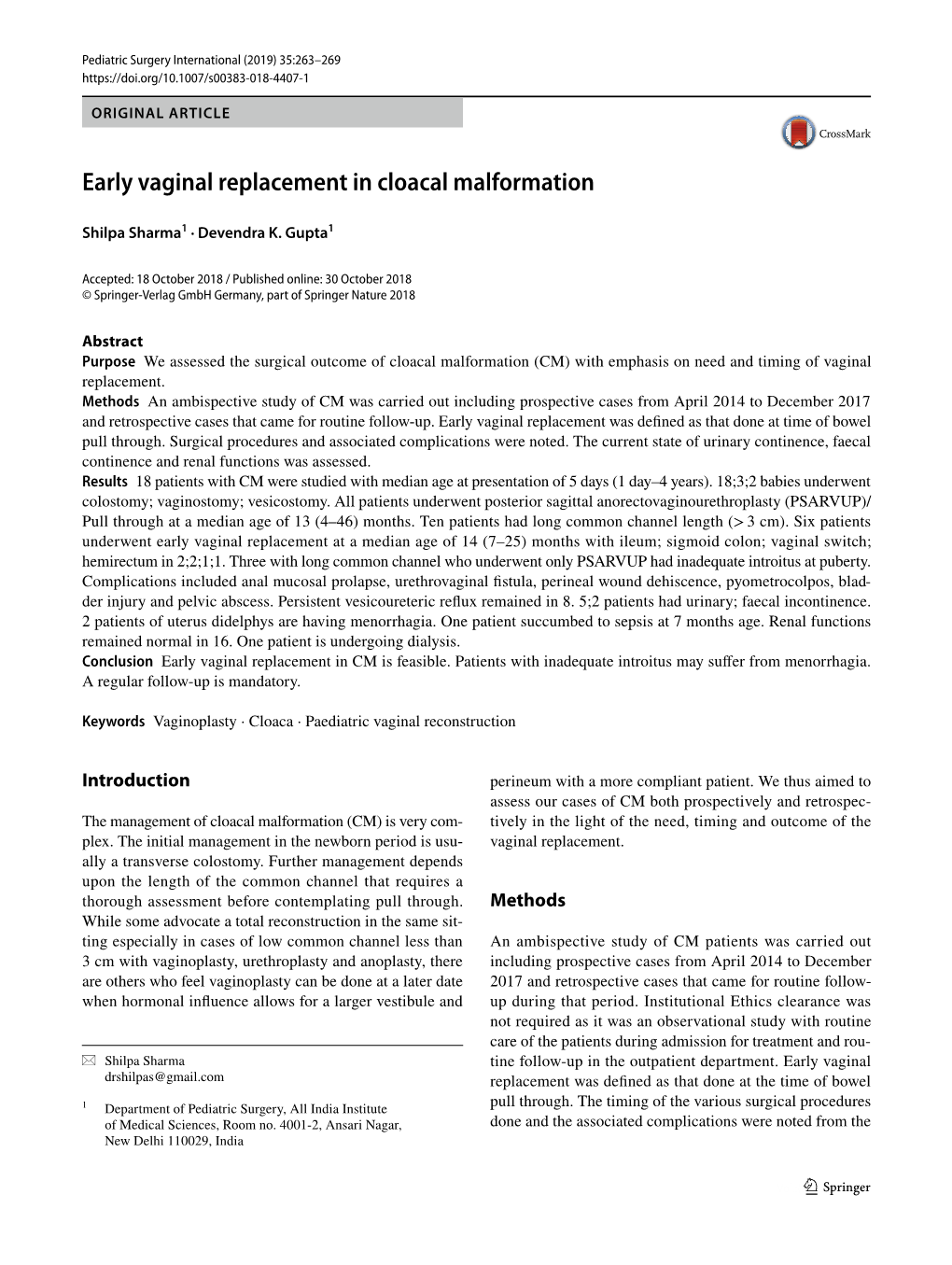 Early Vaginal Replacement in Cloacal Malformation