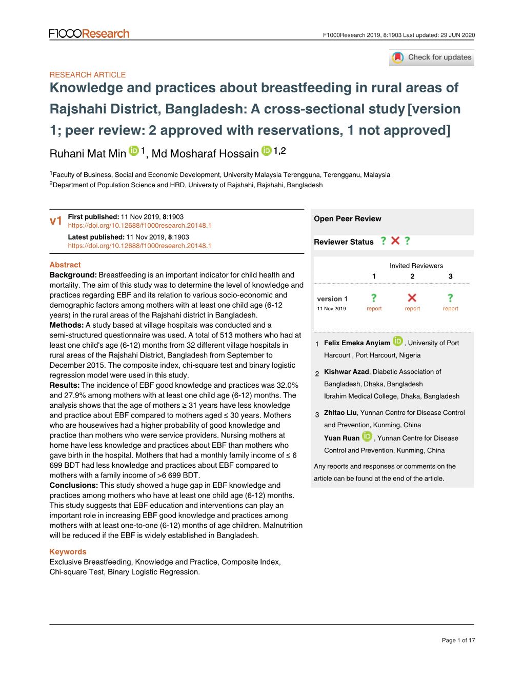 Rajshahi District, Bangladesh: a Cross-Sectional Study[Version 1; Peer