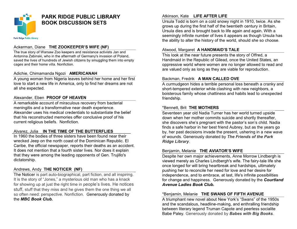 Park Ridge Public Library Book Discussion Sets