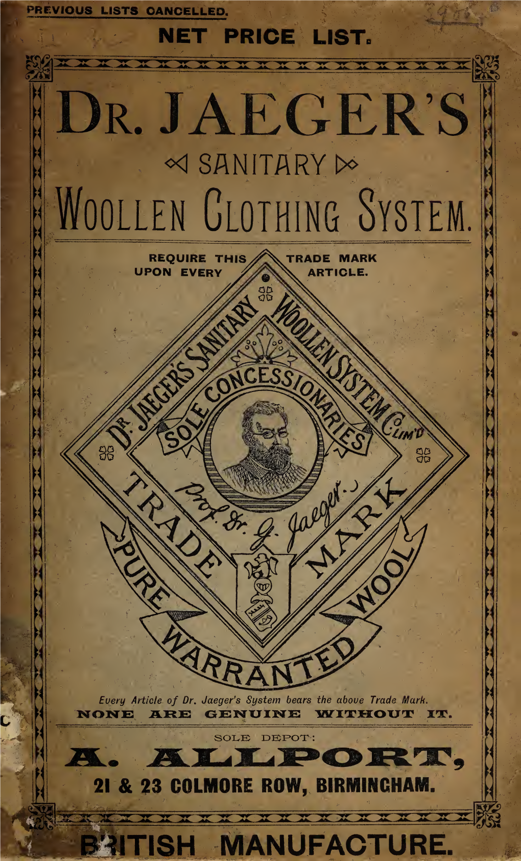 Dr. Jaeger's Sanitary Woollen Clothing System : Net Price List