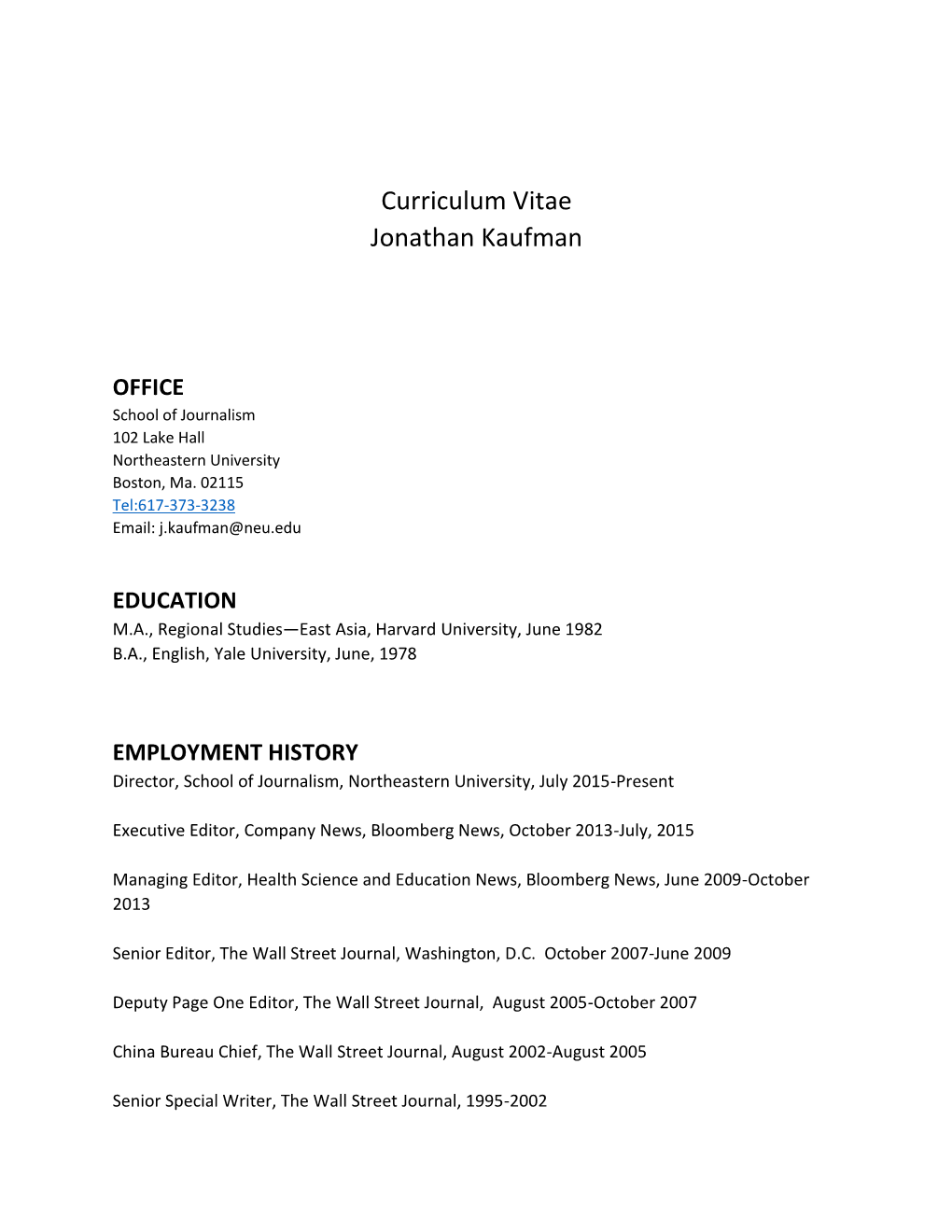 Curriculum Vitae Jonathan Kaufman