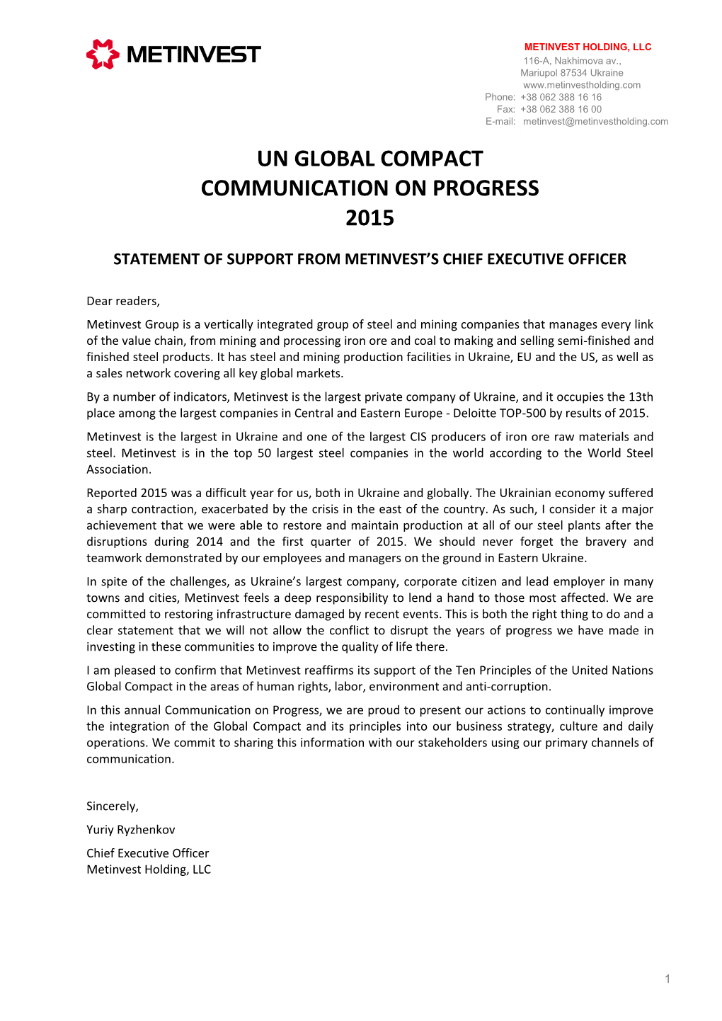 Un Global Compact Communication on Progress 2015