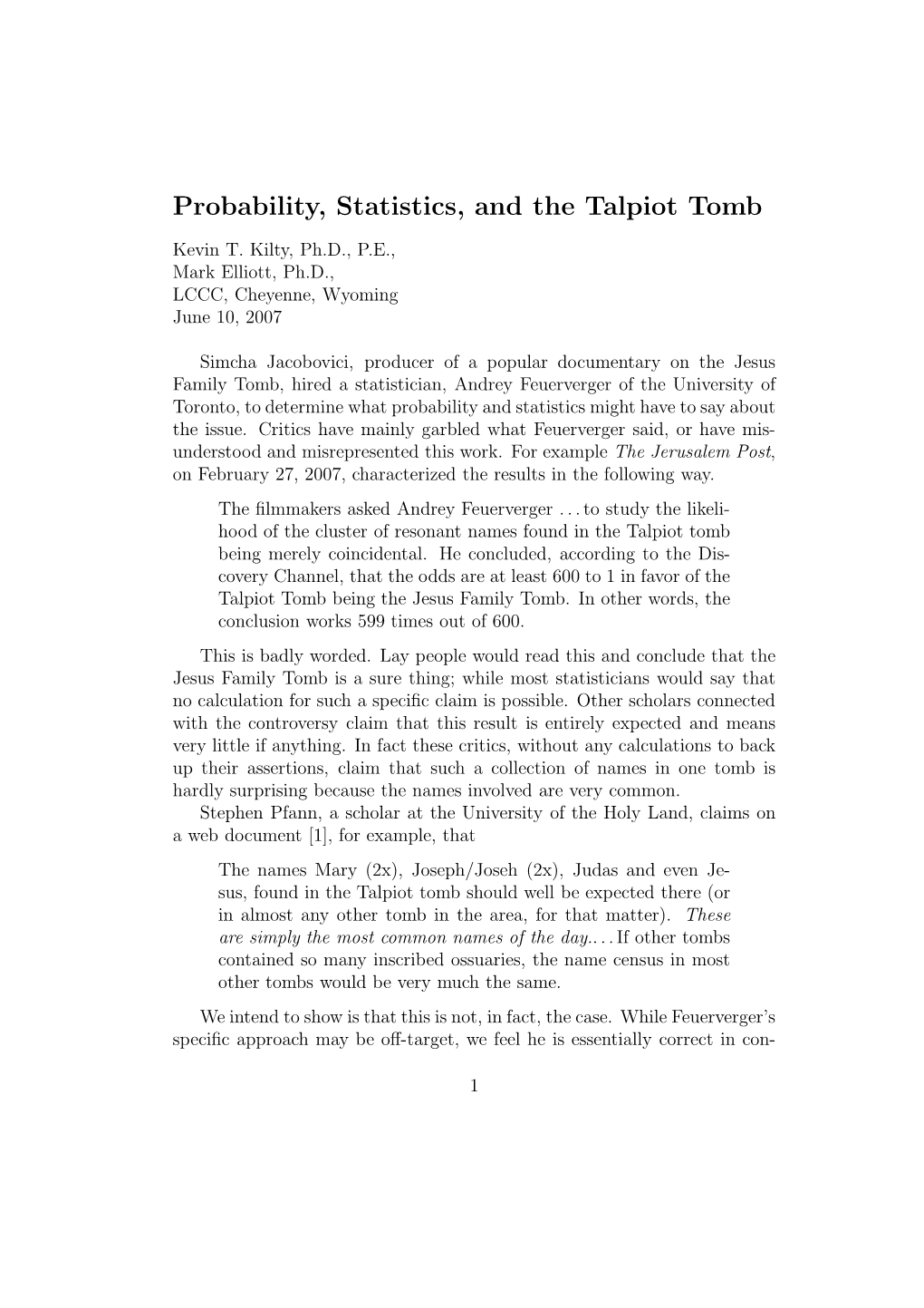 Probability, Statistics, and the Talpiot Tomb