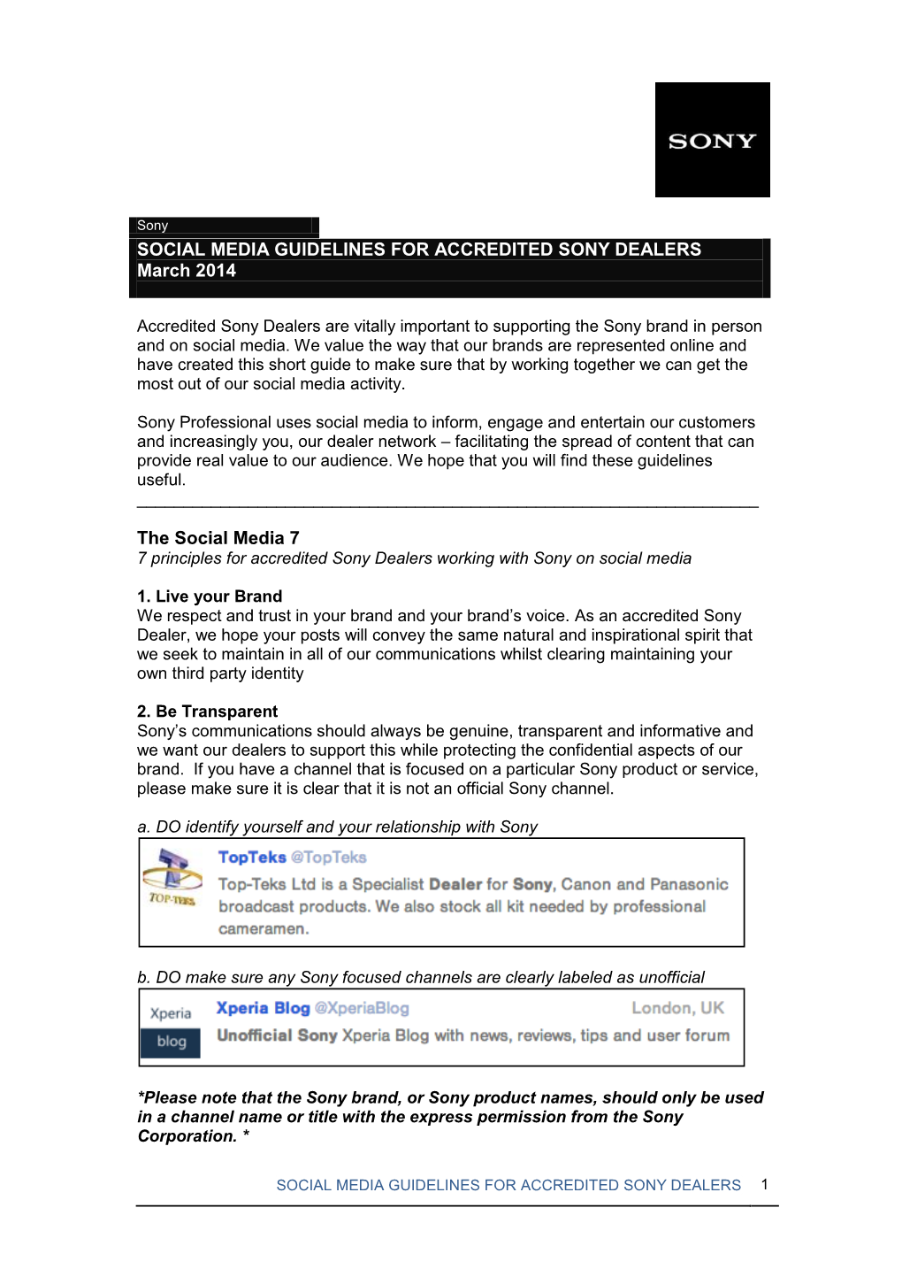 SOCIAL MEDIA GUIDELINES for ACCREDITED SONY DEALERS March 2014