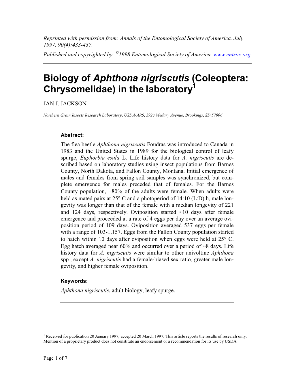 Biology of Aphthona Nigriscutis (Coleoptera: 1 Chrysomelidae) in the Laboratory