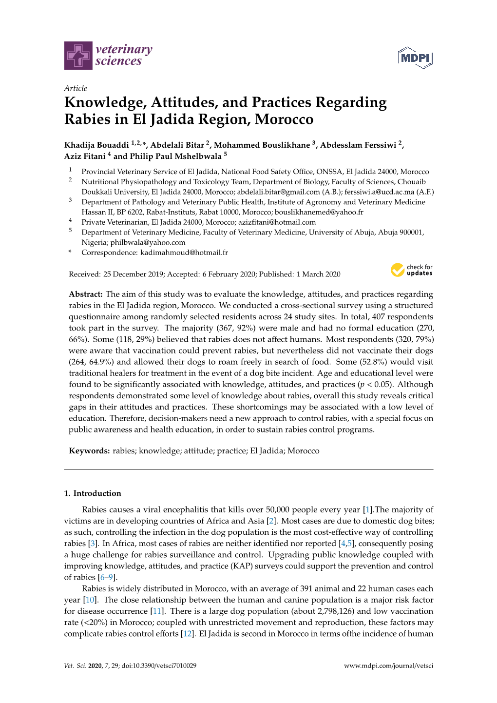 Knowledge, Attitudes, and Practices Regarding Rabies in El Jadida Region, Morocco