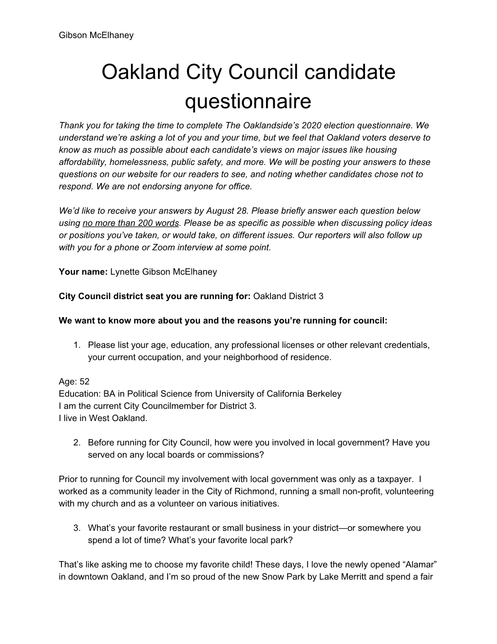 Oakland City Council Candidate Questionnaire Thank You for Taking the Time to Complete the Oaklandside’S 2020 Election Questionnaire