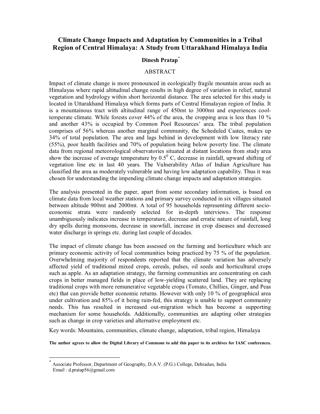 Climate Change Impacts and Adaptation by Communities in a Tribal Region of Central Himalaya: a Study from Uttarakhand Himalaya India