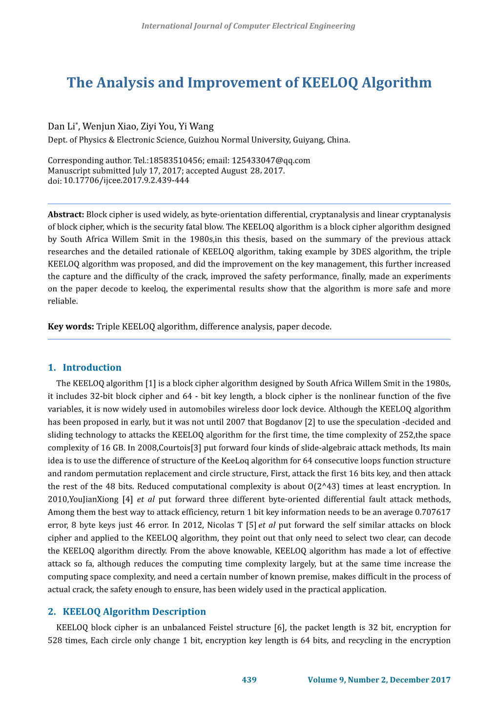 The Analysis and Improvement of KEELOQ Algorithm