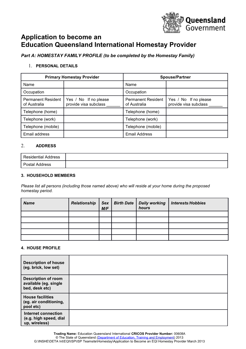 Application to Become an EQI Homestay Provider