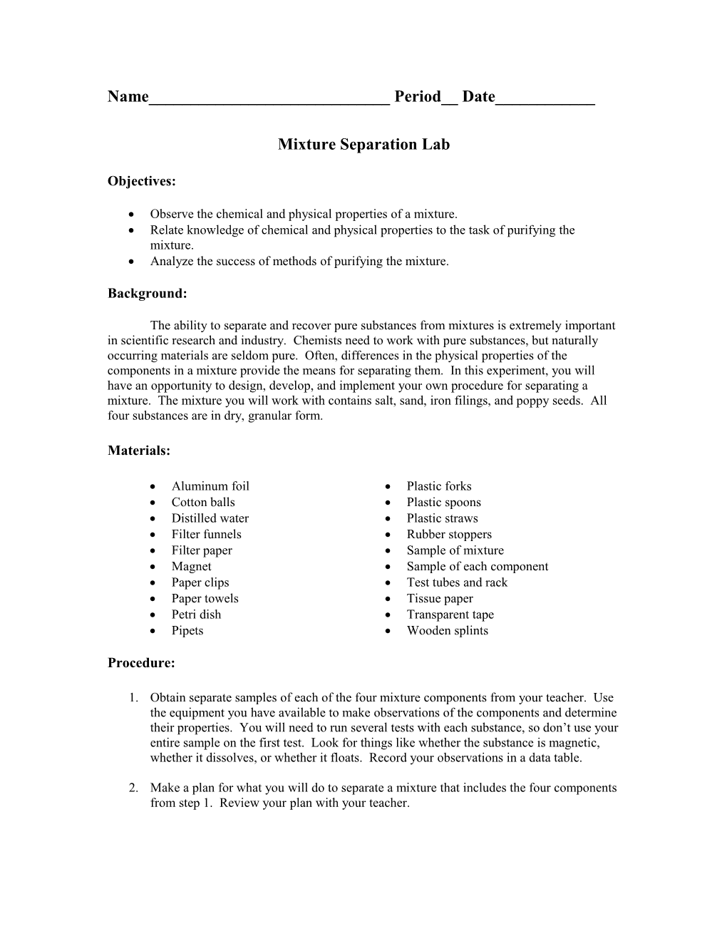 Mixture Separation Lab