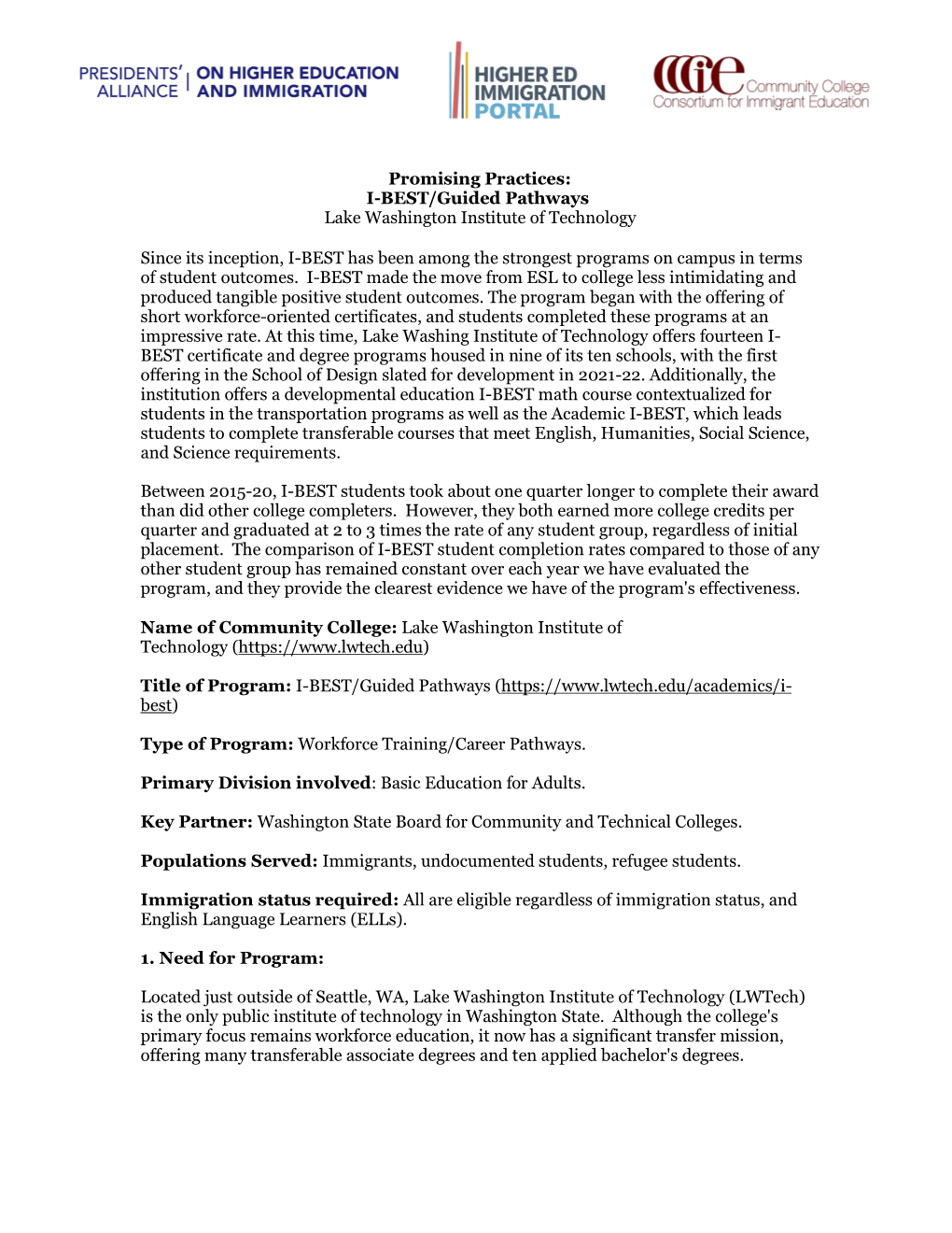 I-BEST/Guided Pathways Lake Washington Institute of Technology