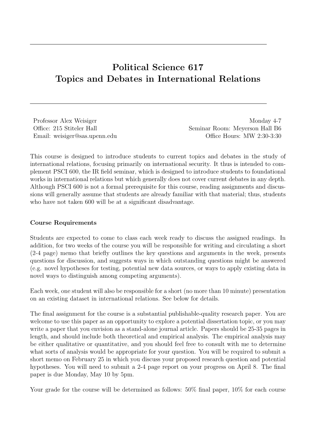 Political Science 617 Topics and Debates in International Relations