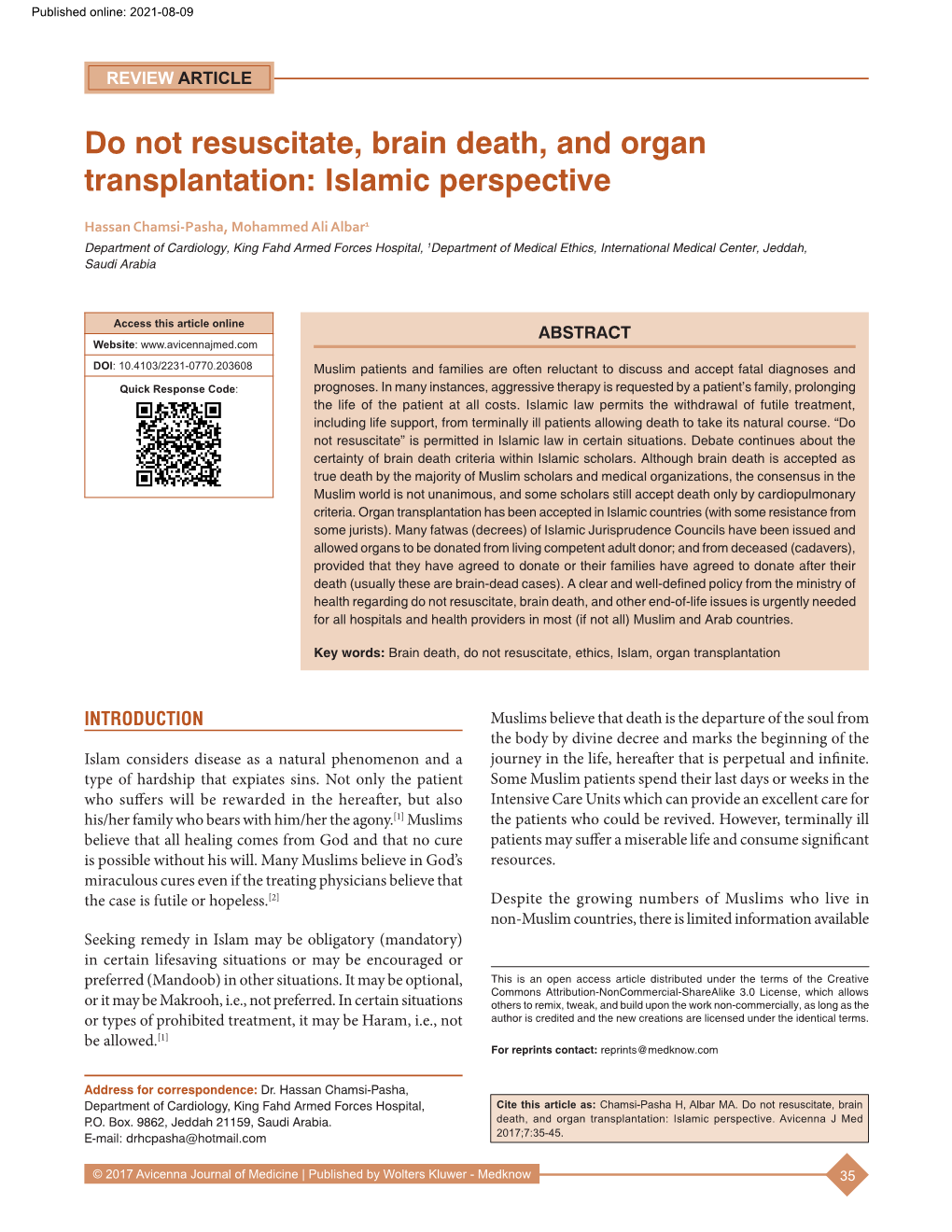 Do Not Resuscitate, Brain Death, and Organ Transplantation: Islamic Perspective