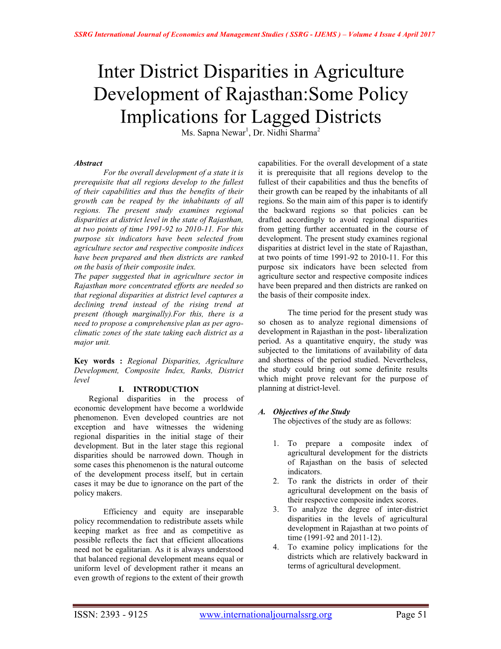Inter District Disparities in Agriculture Development of Rajasthan:Some Policy Implications for Lagged Districts Ms