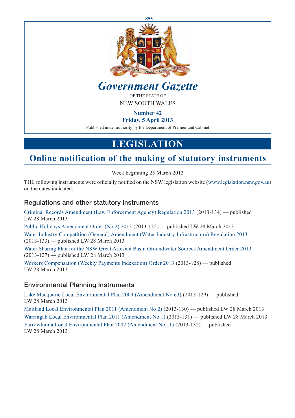 New South Wales Government Gazette No. 14 of 5 April 2013