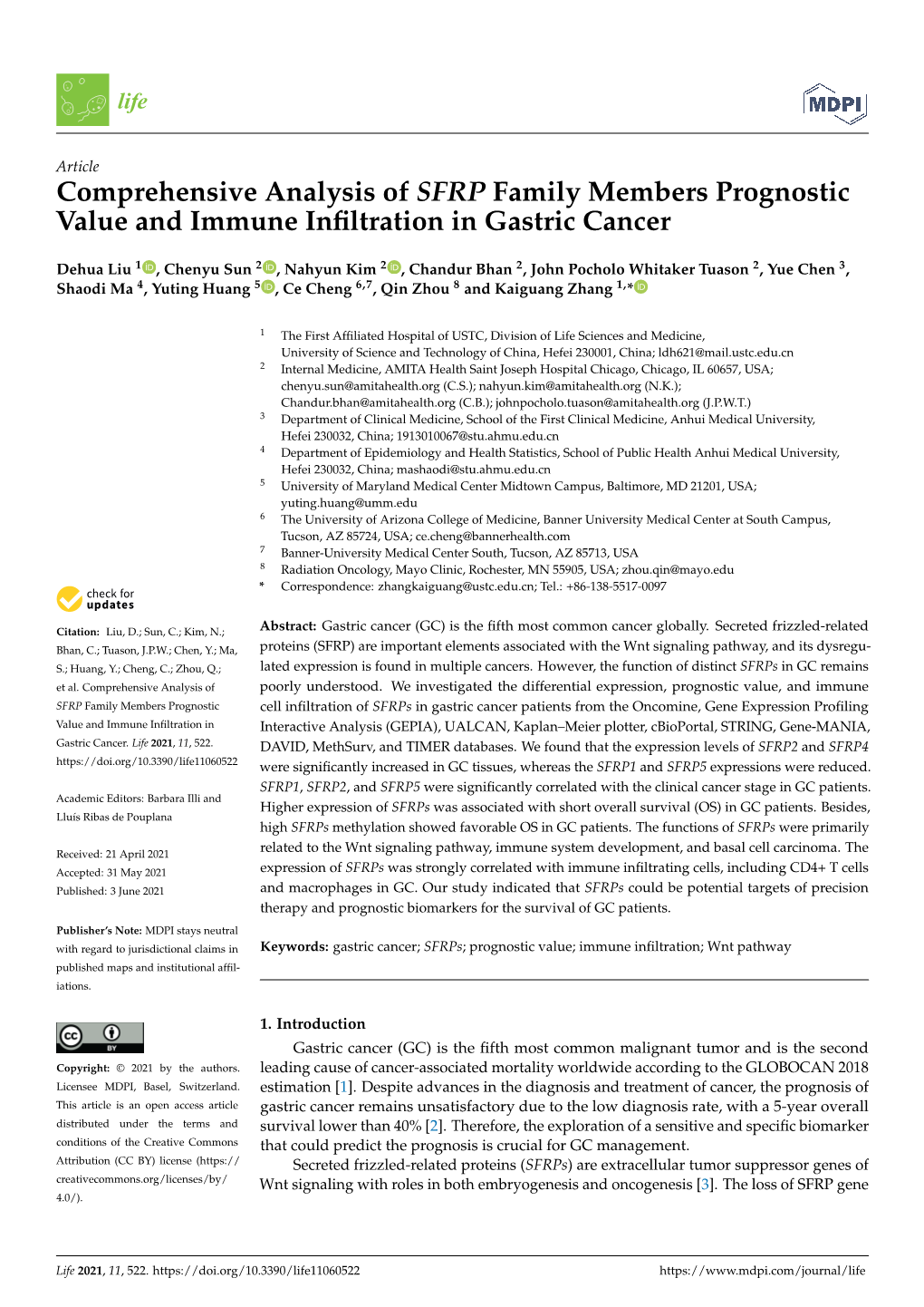 Comprehensive Analysis of SFRP Family Members Prognostic Value and Immune Inﬁltration in Gastric Cancer