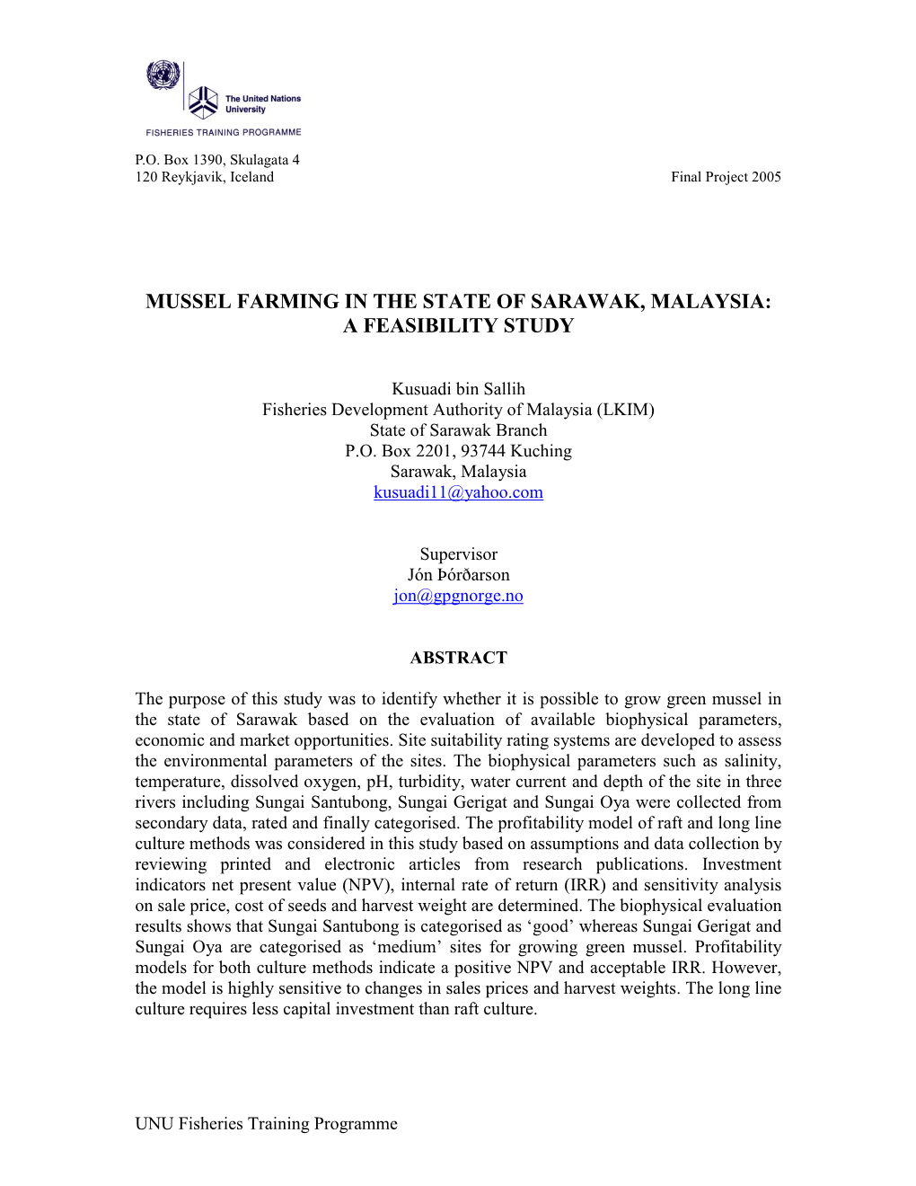 Mussel Farming in the State of Sarawak, Malaysia: a Feasibility Study