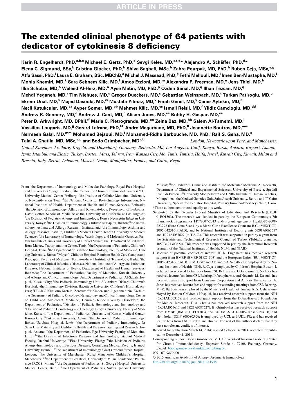 The Extended Clinical Phenotype of 64 Patients with Dedicator of Cytokinesis 8 Deﬁciency