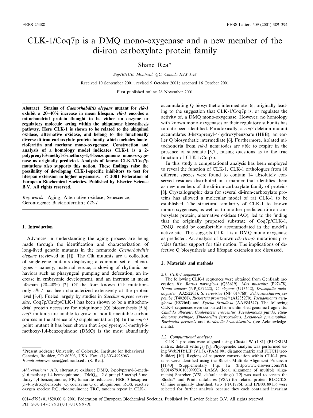 CLK-1/Coq7p Is a DMQ Mono-Oxygenase and a New Member of the Di-Iron Carboxylate Protein Family