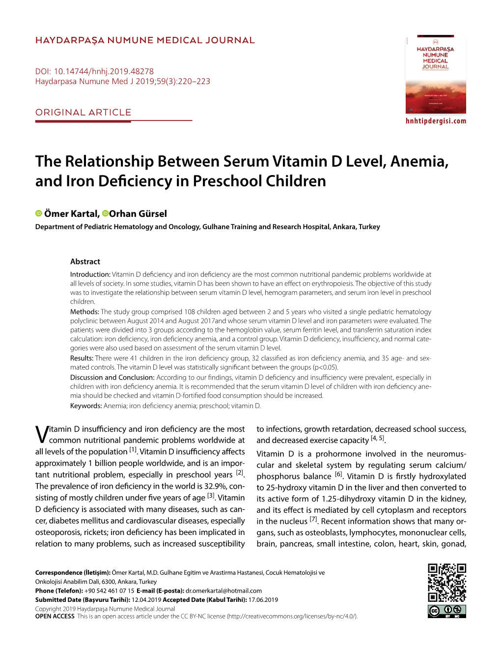 The Relationship Between Serum Vitamin D Level, Anemia, and Iron Deficiency in Preschool Children