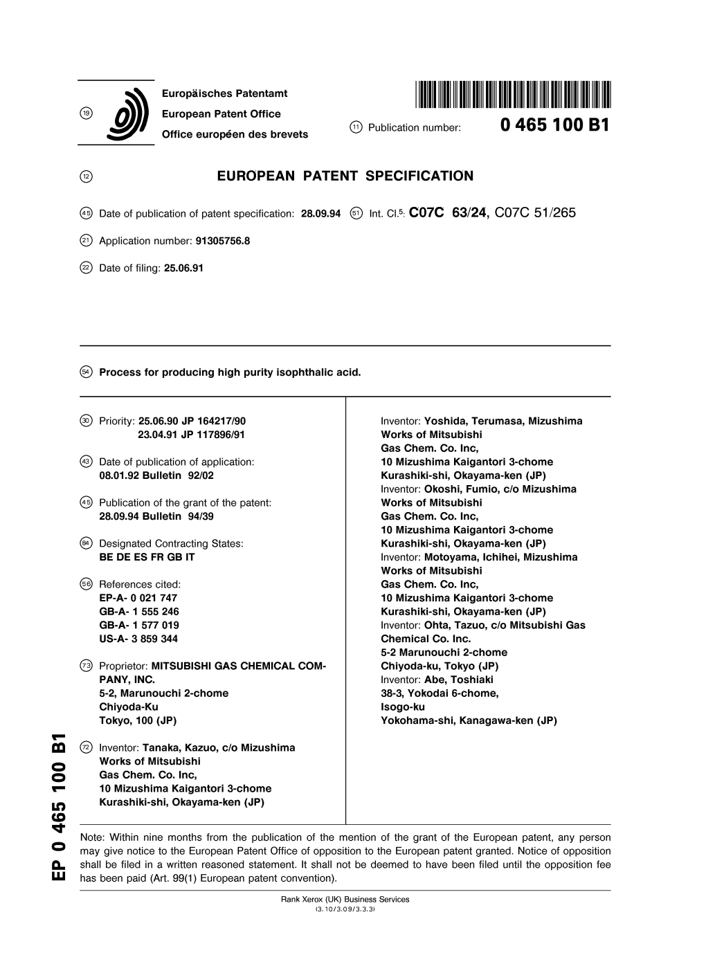 Process for Producing High Purity Isophthalic Acid