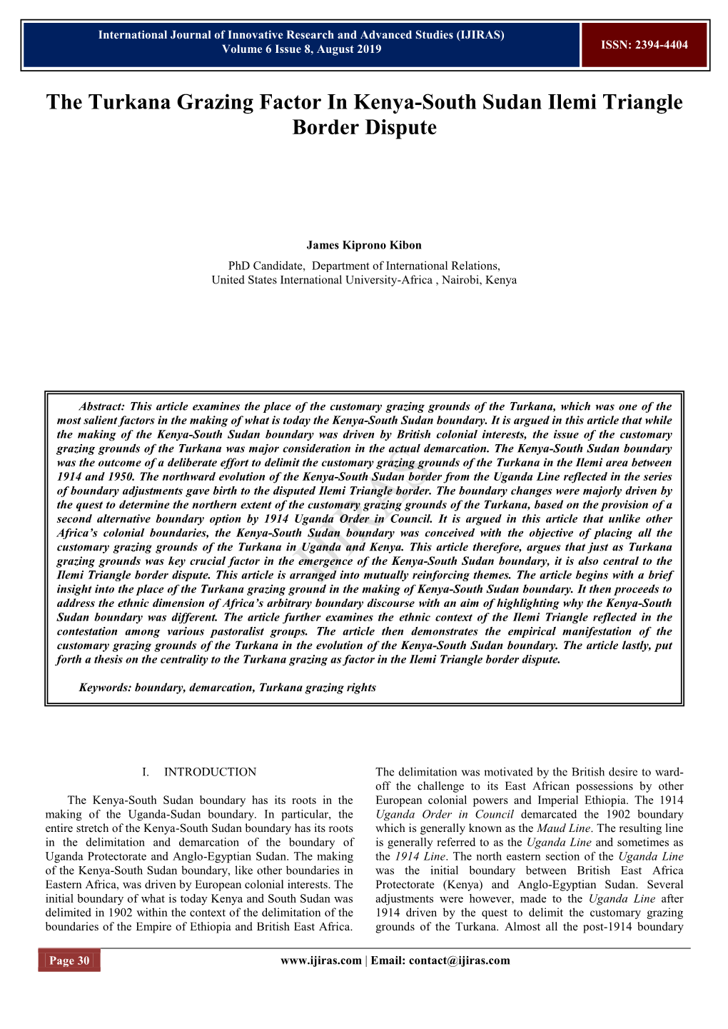 The Turkana Grazing Factor in Kenya-South Sudan Ilemi Triangle Border Dispute