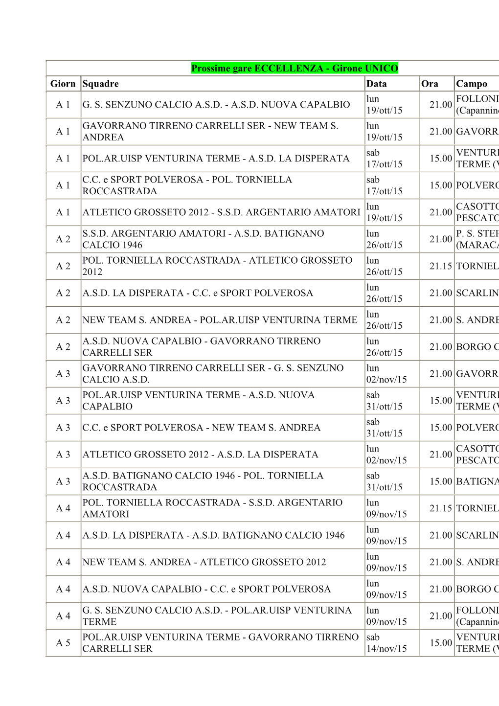 Calendario Eccellenza