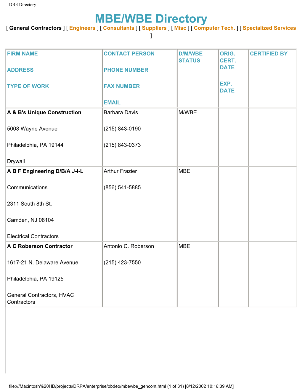 MBE/WBE Directory [ General Contractors ] [ Engineers ] [ Consultants ] [ Suppliers ] [ Misc ] [ Computer Tech